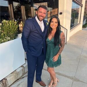 Sparkly teal mini dress with ruffle details